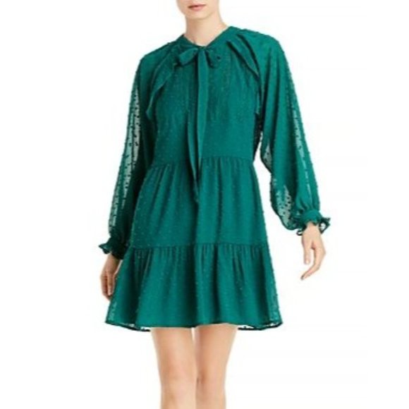 AQUA Ruffled Clip Dot Long Sleeve Tie Neck Dress Green NWT Small - Picture 1 of 2